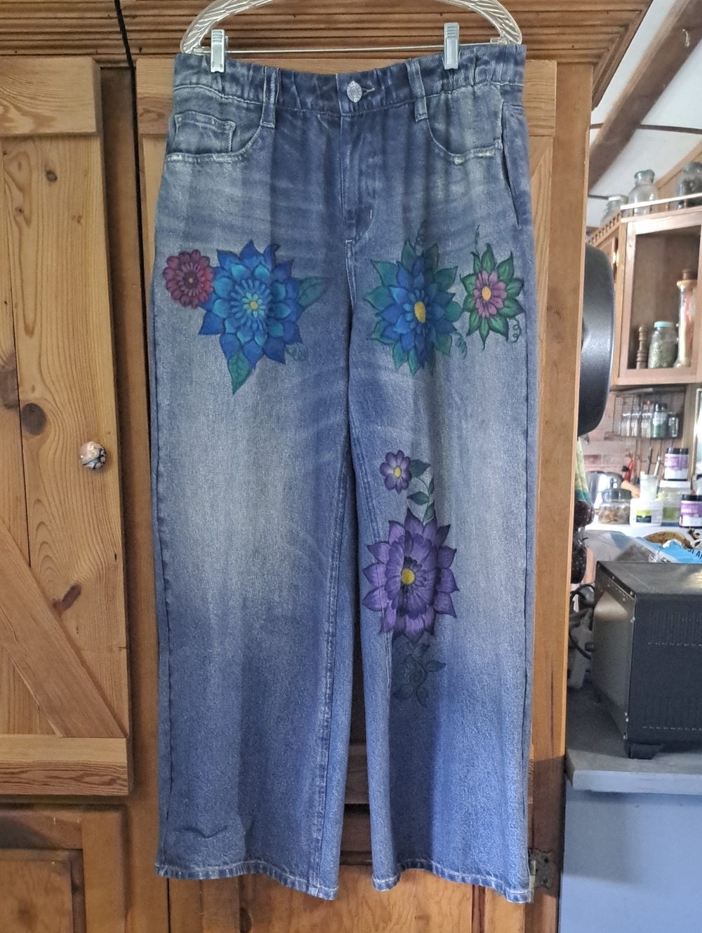 Blue Floral Hand-Painted Women's Jeans